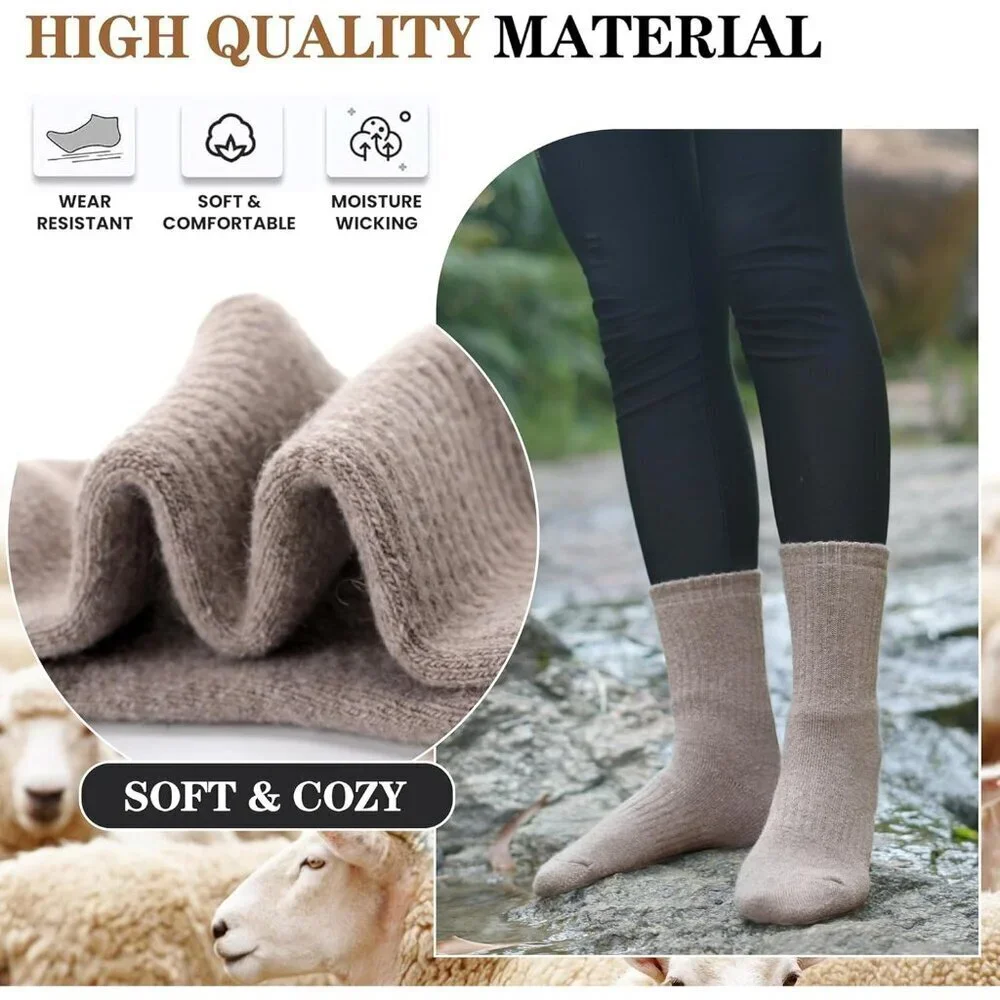Women Merino Wool Khaki Series Sock 5 Pairs Warm Thick Crew Winter Boot Socks